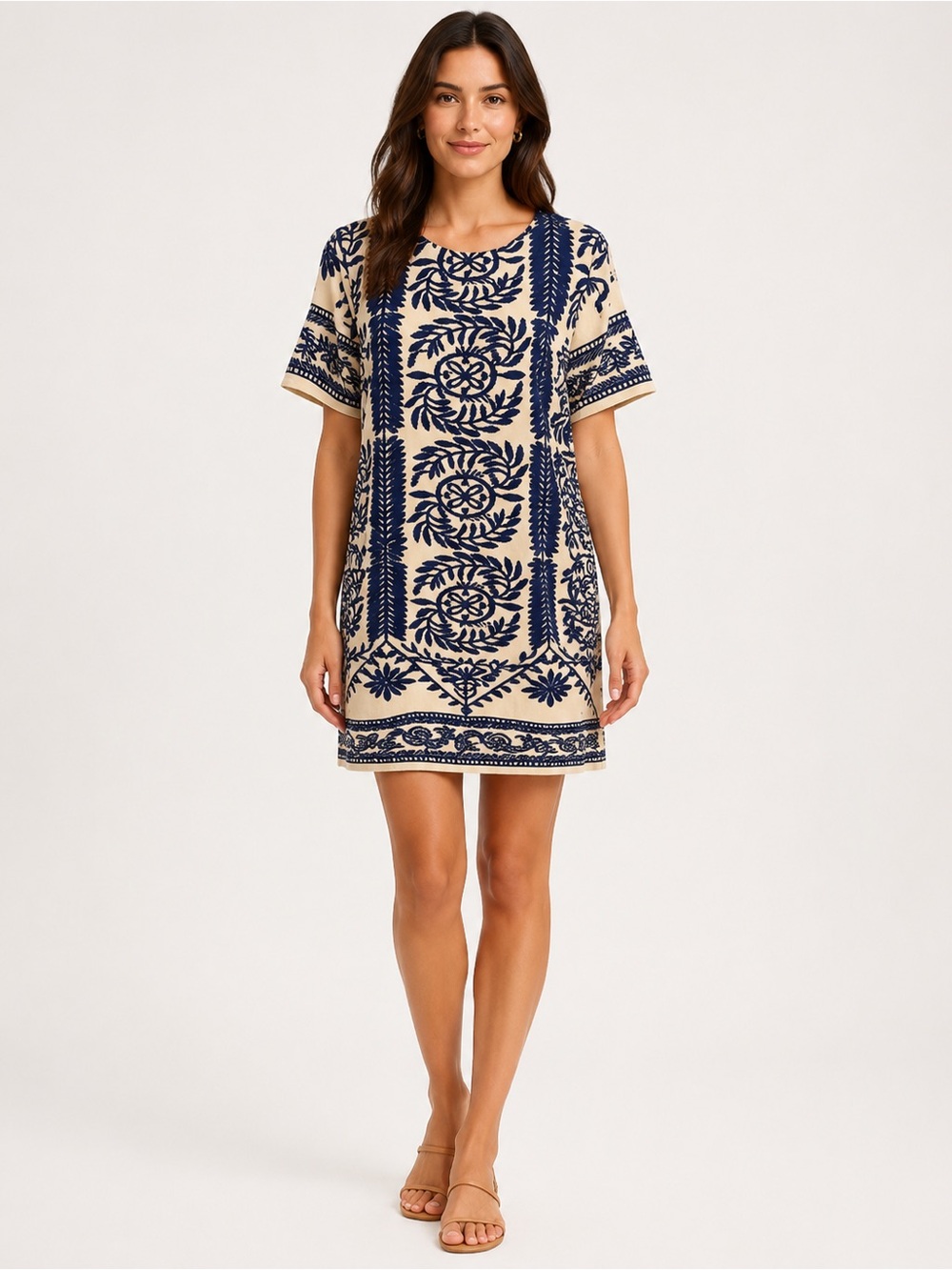 Lulus Fond of You Dress Blue White Embroidered Short Sleeve Shift XS Resort